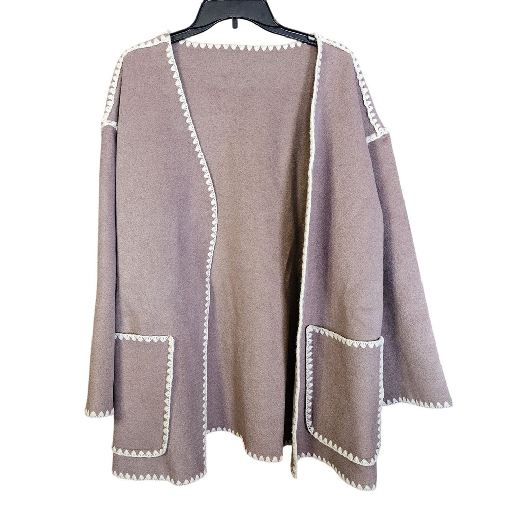 NWT Chou Yaton Grey Wool Blend Oversized Coat Tan Triangle Embroidery Small Boho